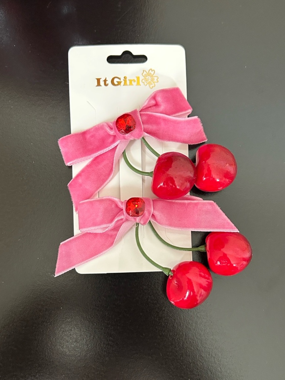 It Girl Cherry Hair Clips with Pink Velvet Ribbon Bow - 2 Barrettes